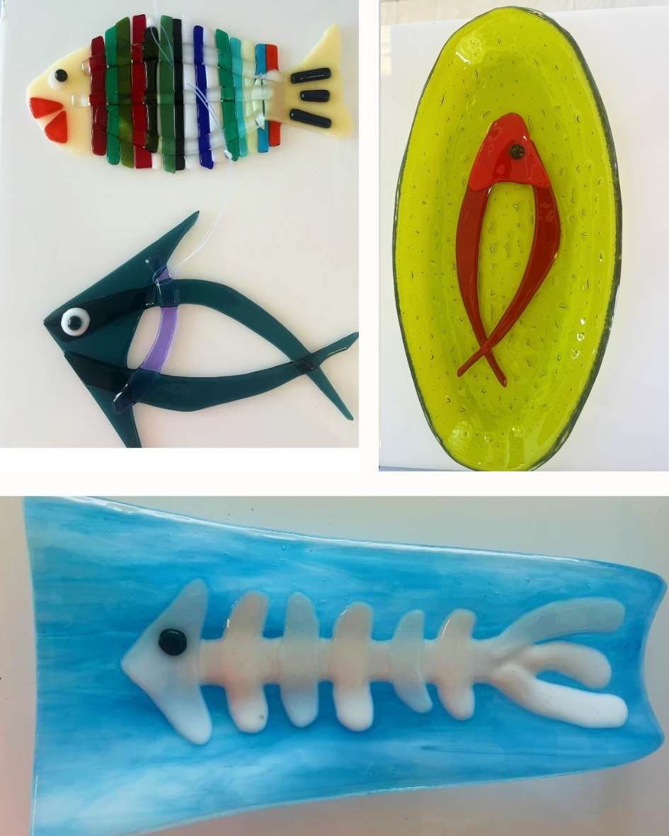 Several pictures of the different kinds of glass fish you can make with the Fish Workshop at the Glass Duchess Studio in Port Charlotte, FL