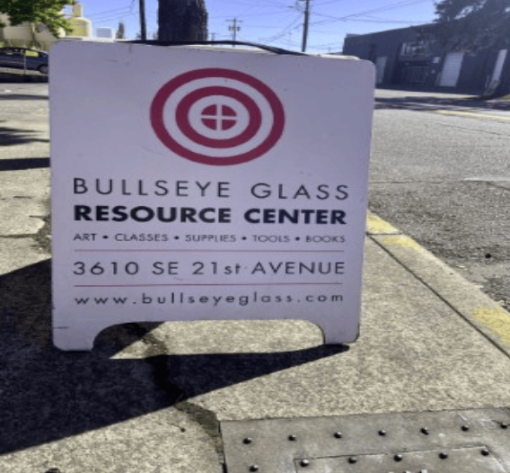 Signboard for Bullseye Glass Resource Center at 3610 SE 21st Avenue.